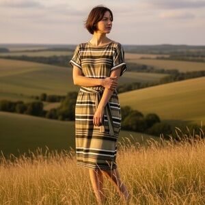 White House Black Market Striped Green and Black Midi Dress